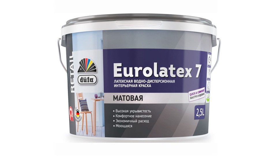 Краска для стен и потолков латексная водно-дисперсионная Dufa Retail Eurolatex 7 глубокоматовая 2,5 л