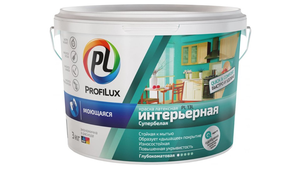 Paint for walls and ceilings for wet rooms latex Profilux PL- 13L extra-matt supe white base-1 3 kg