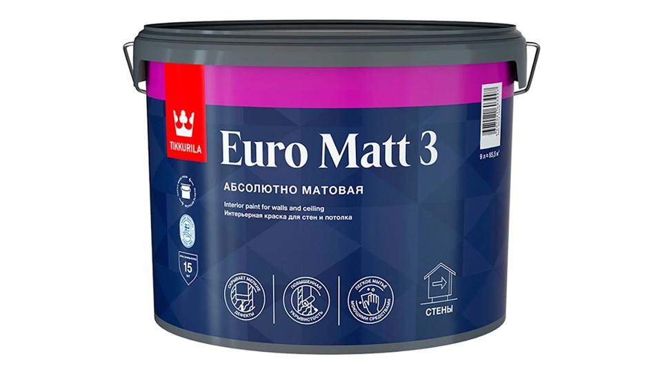 Краска для стен и потолков Tikkurila Euro Matt 3 глубокоматовая база-C 9 л