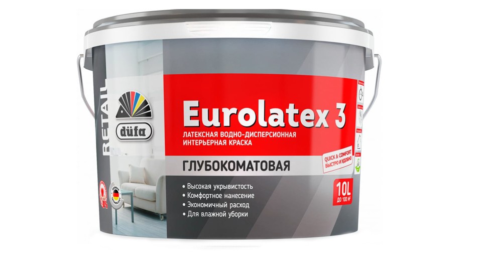 Краска для стен и потолков латексная водно-дисперсионная Dufa Retail Eurolatex 3 глубокоматовая 10 л