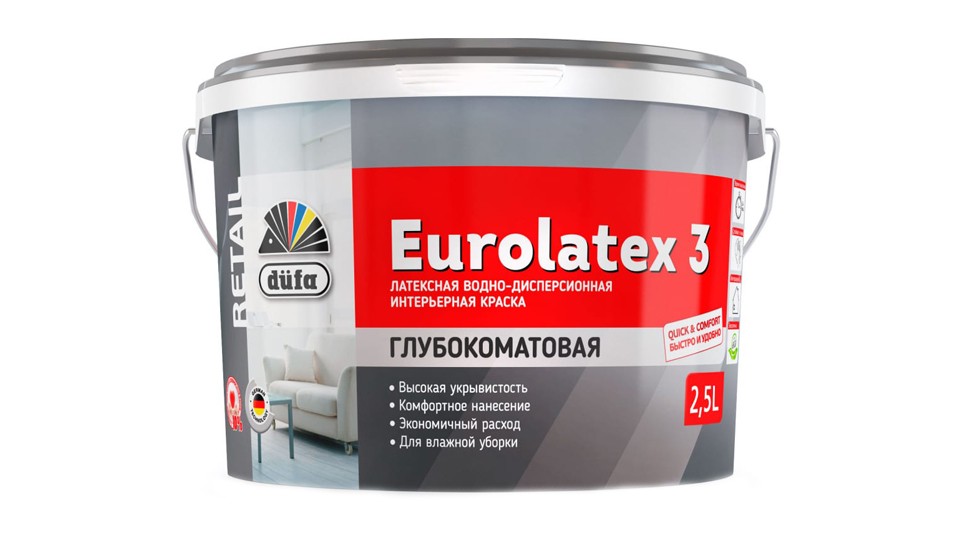 Краска для стен и потолков латексная водно-дисперсионная Dufa Retail Eurolatex 3 глубокоматовая 2,5 л