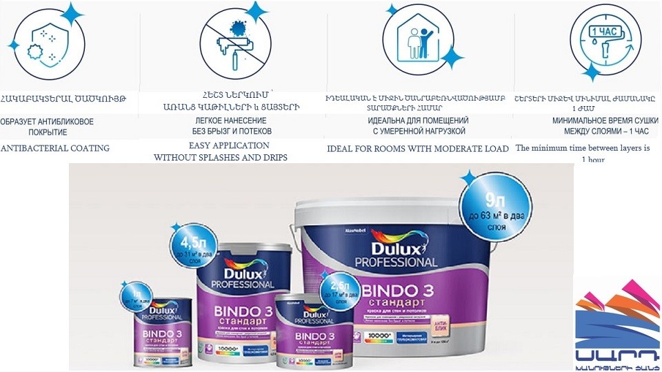 Ներկ պատերի և առաստաղների համար Dulux Professional Bindo 3 գերփայլատ բազա-BC 9 լ