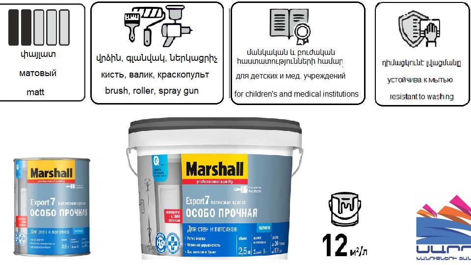 Latex paint for walls and ceilings Marshall Export-7 matte base-BC 9 l